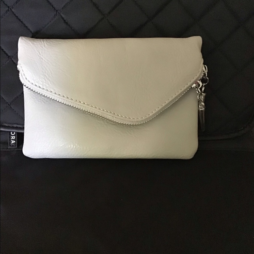 Gray leather clutch